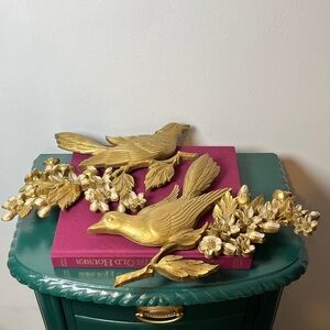 Vintage MCM Pair of Gold Tone Syroco Birds on Dogwood Branches Wall Art Hanging